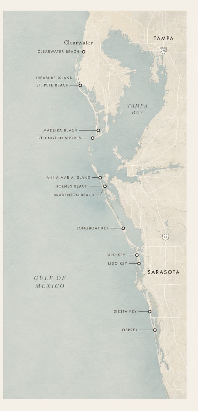 Map of Florida's Gulf Coast from Clearwater to Osprey, marking Noah Thomas Builders markets